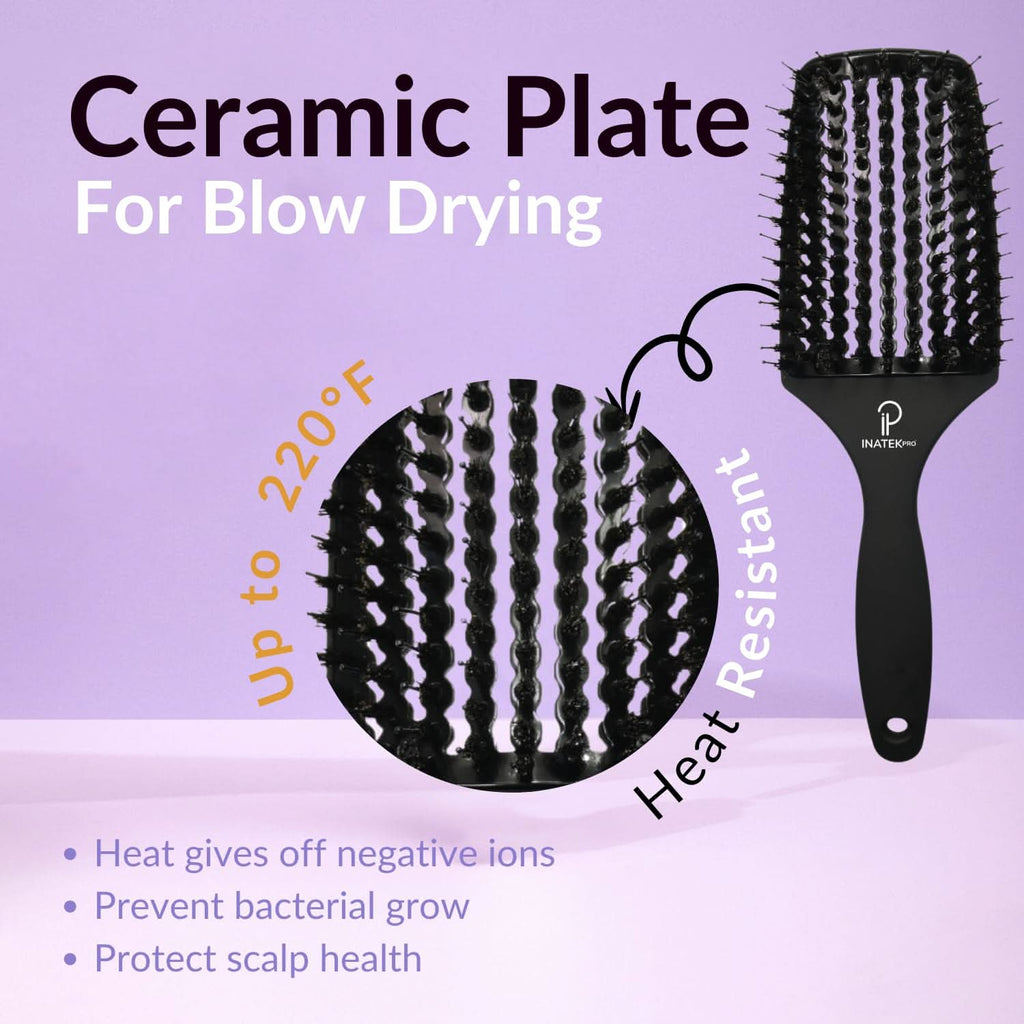 Large Curved Vented Boar Bristle Detangler Brush in Black