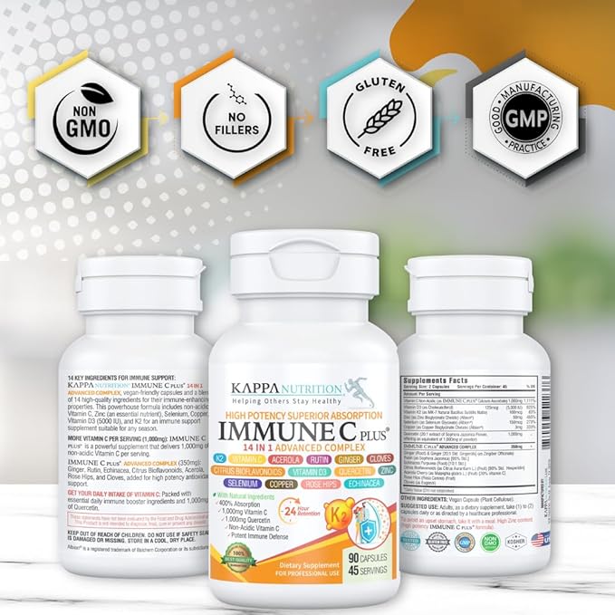 Quercetin 1,000mg, Vitamin C 1,000mg, Zinc 50mg, Vitamin D3 5,000iu, Selenium, Copper, Acerola, Ginger, Rutin, Bitter Orange, Rose Hips, Echinacea, Immune C Plus, 14 in 1 Immune C Plus (60 Count)