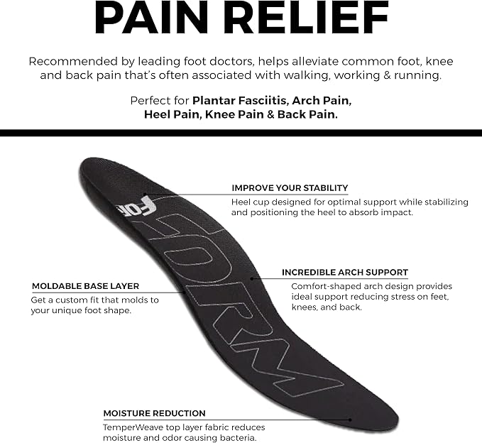 Ultra-Thin Plantar Fasciitis Insoles Designed for Comfort & Maximum Pain Relief, Ideal for Dress Shoes & Boots | Black (Men's 8-8.5, Women's 9.5-10)