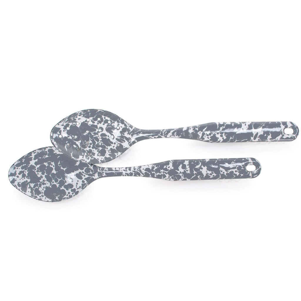 A 12-inch Grey Swirl enamelware serving and slotted spoon set with stainless steel trim.