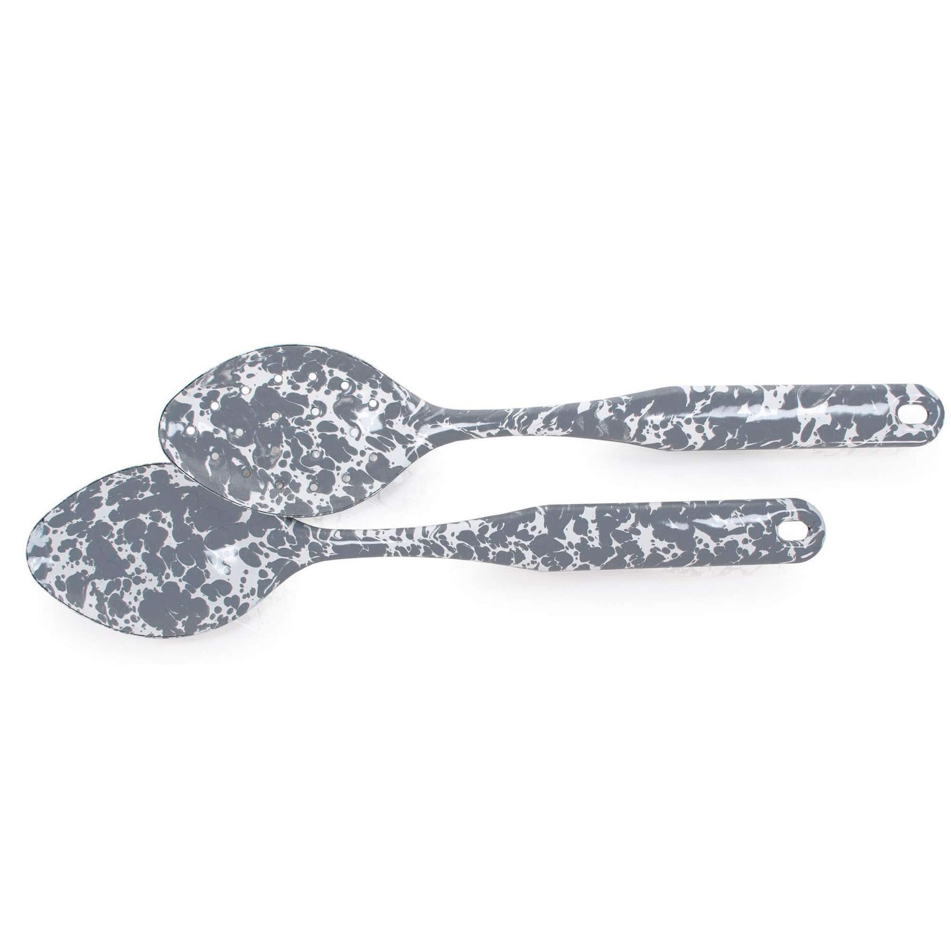 A 12-inch Grey Swirl enamelware serving and slotted spoon set with stainless steel trim.