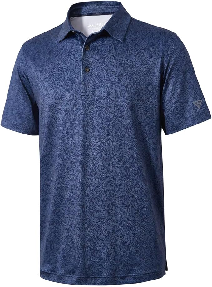 Close up of Maelre men's performance golf polo in tonal blue striped leaf print with collared button-down neck