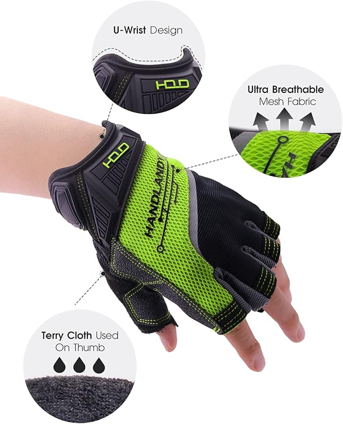 HANDLANDY Fingerless Work Gloves for Men Utility Padded Half Finger Driving Working Gloves (Large, Green)