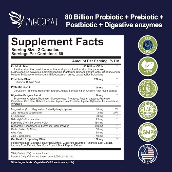 Probiotic Prebiotic, Postbiotic & Digestive Enzymes for Digestive Health, 80 Billion CFU Probiotics Complete Gut Support with Berberine, Cinnamon, L-Glutamine, for Men & Women, 120 Capsules