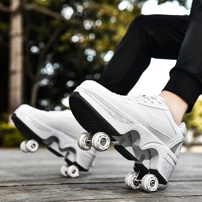 Roller Skate Shoes for Women Four Rounds Children's Roller Skates Shoes That Turn into Rollerskates Sneakers Outdoor Light Shoes with Wheels for Girls/Boys
