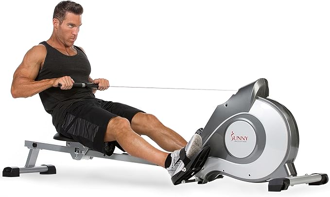 Sunny Health & Fitness Flip & Foldable Rowing Machine for Home w/Extended Slide Rail, Full-Body Workout, Low-Impact, Optional Extra Long Rail, Quiet Rail Cover, Water Motion and Free SunnyFit App