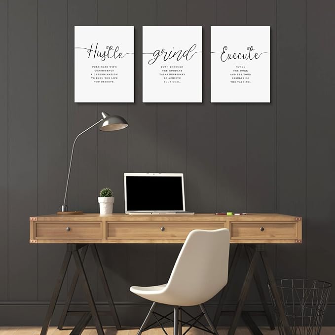 Framed Canvas Wall Art Grind Hustle Quote Poster, Office Wall Art, Positive Motivational Set of 3 Prints, Hustle prints Execute, Inspirational Wall Decor Art (H-3pcs,12x16inchx3pcs)