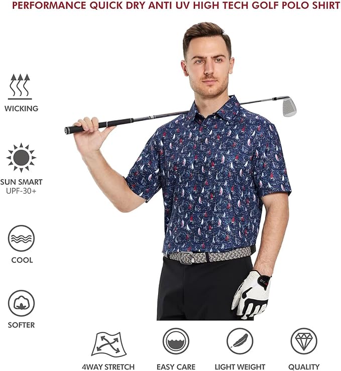 Men's Striped Performance Golf Polo Shirt Moisture Wicking Dry Fit