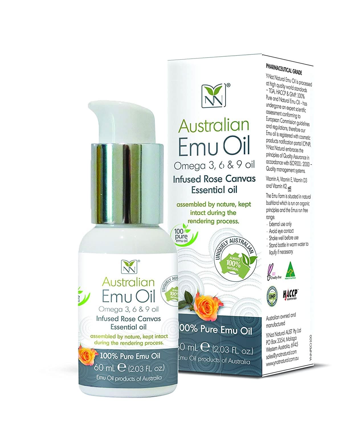 Bottle of Australian Emu Oil Rose 60ml serum with botanical extracts