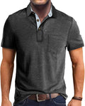 A stylish men's short sleeve cotton polo shirt with a classic lapel collar and button detailing in a solid color.