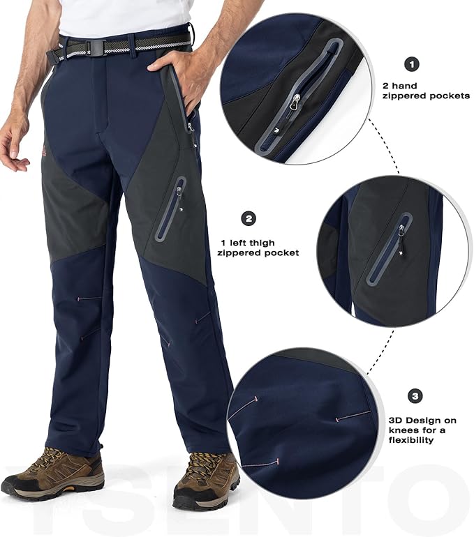 YSENTO Men's Fleece Lined Ski Snow Pants Winter Waterproof Softshell Insulated Hiking Cargo Pants