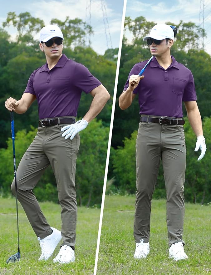 Men's Short Sleeve Quick Dry Polo Shirt with Chest Pocket for Golf