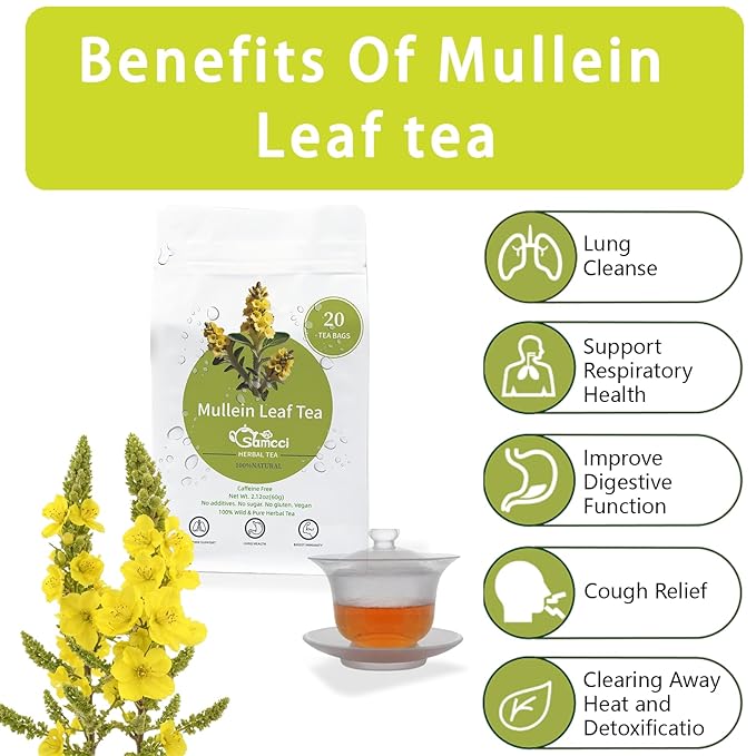 Samcci - Mullein Tea Bags, 20 Teabags, 3g/bag, 100% Pure Mullein Tea Bags for Lungs Cleanse, Natural Herbal Tea Bags, Caffeine Free & No Additives Mullein Leaf Tea for Detox & Respiratory Support