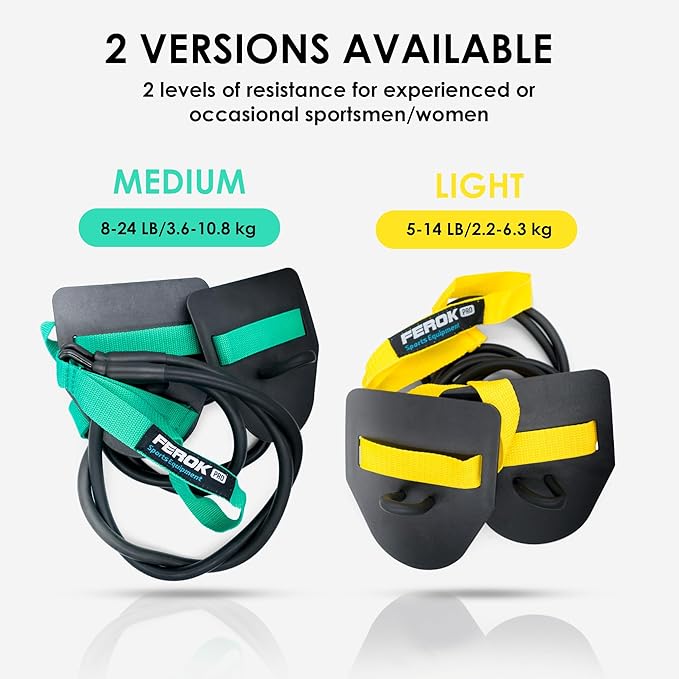 Swimming Resistance Band with Hand Paddles, Stretch Cord, Fitness Bands for Swimming, Training Equipment, Arm Strength Exercise, Powercord - Including Exercises - Medium Green