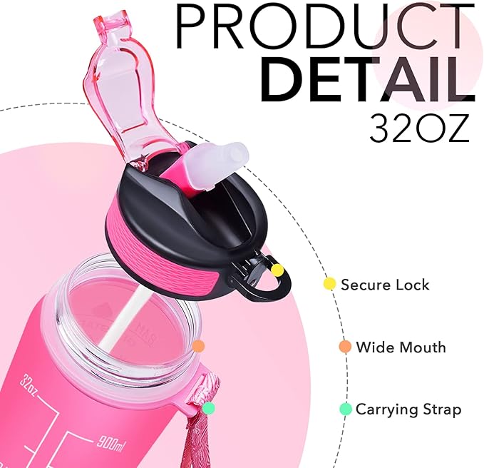 Hyeta 32 oz Water Bottles with Times to Drink and Straw, Motivational Water Bottle with Time Marker, Leakproof, Drinking Sports Water Bottle for Fitness, Gym and Outdoor