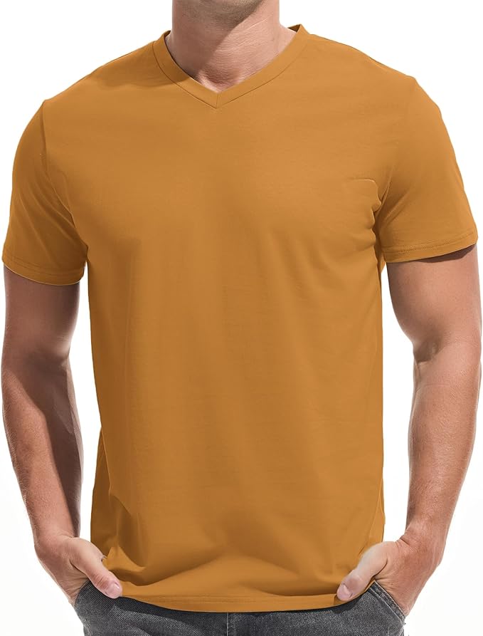 A man wearing a premium fitted modern V-neck t-shirt in a neutral color, showcasing the form-fitting cut.