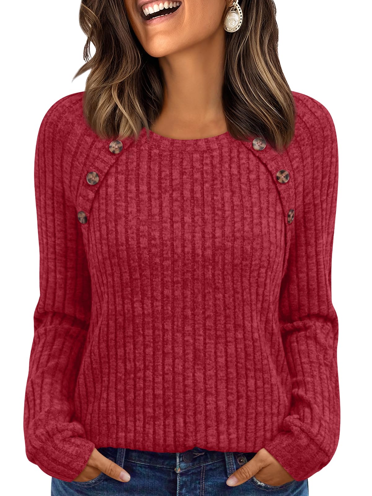 Women's Long Sleeve Tops - Fall Lightweight Sweaters with Shoulder Buttons