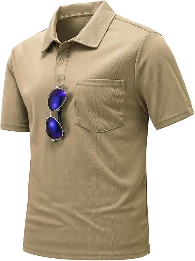 Men's short sleeve quick dry polo shirt with chest pocket and 2-button placket in a classic athletic style.