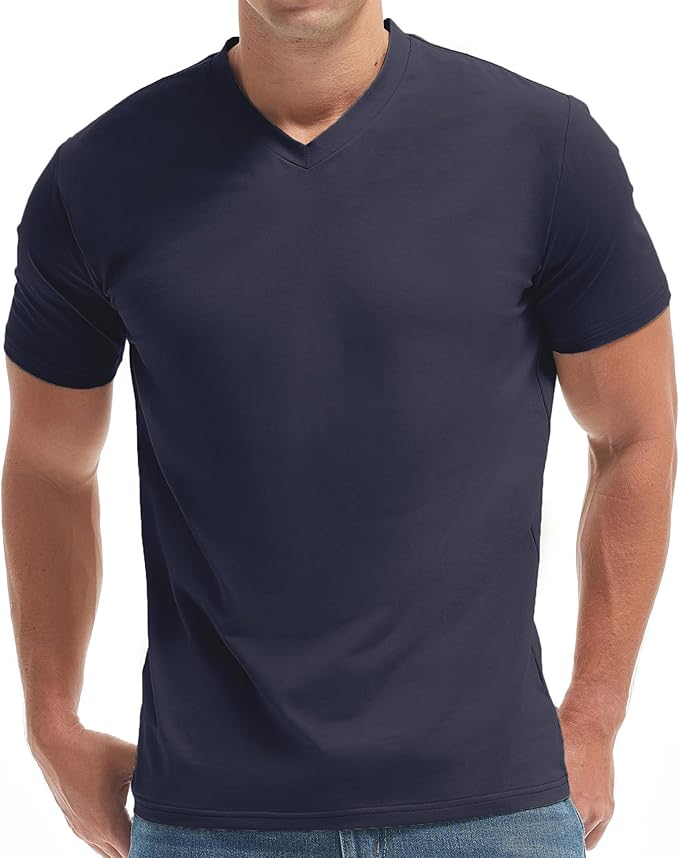 Close up of a men's premium V-neck t-shirt showing the fitted fabric texture and neckline detail.