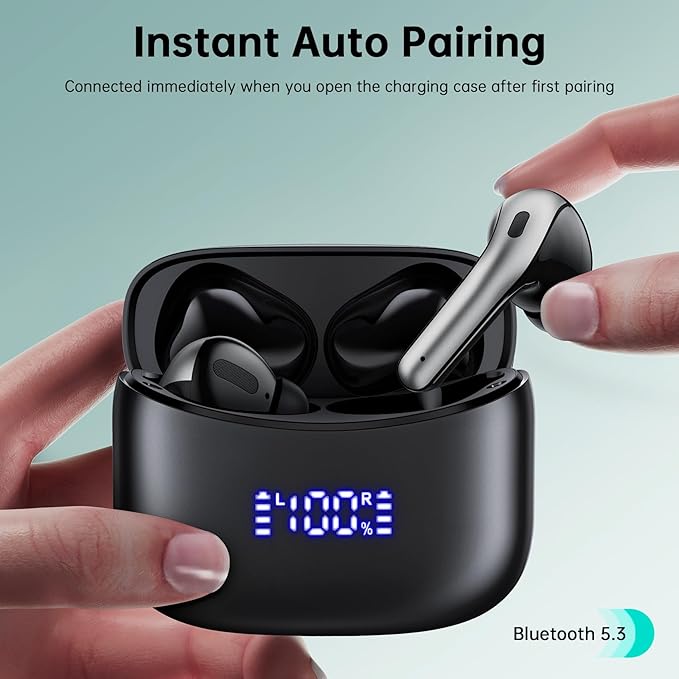 Wireless Earbuds, Bluetooth Ear Buds Headphones, 60H Long Playtime, Stereo Deep Bass, LED Power Display, IPX7 Sport Waterproof, Lightweight in-Ear Earphones with Mic for iPhone Android PC TV Computer