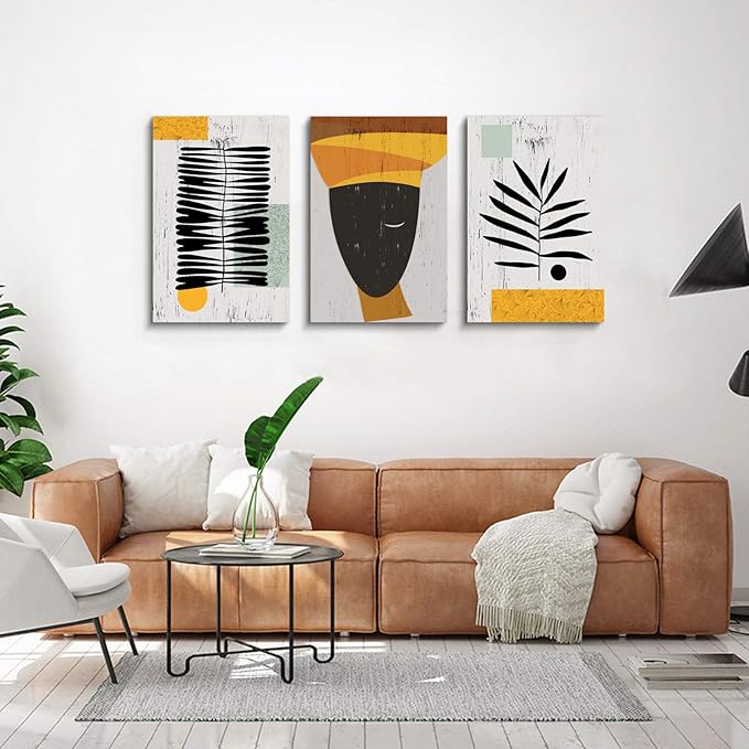 Framed Canvas Wall Art African Ethno Motive Wall Art Set, Abstract Ethno Art, African American Woman Portrait, Black Orange Print, Contemporary Collage, Minimalist (S-3pcs,24x36inchx3pcs)