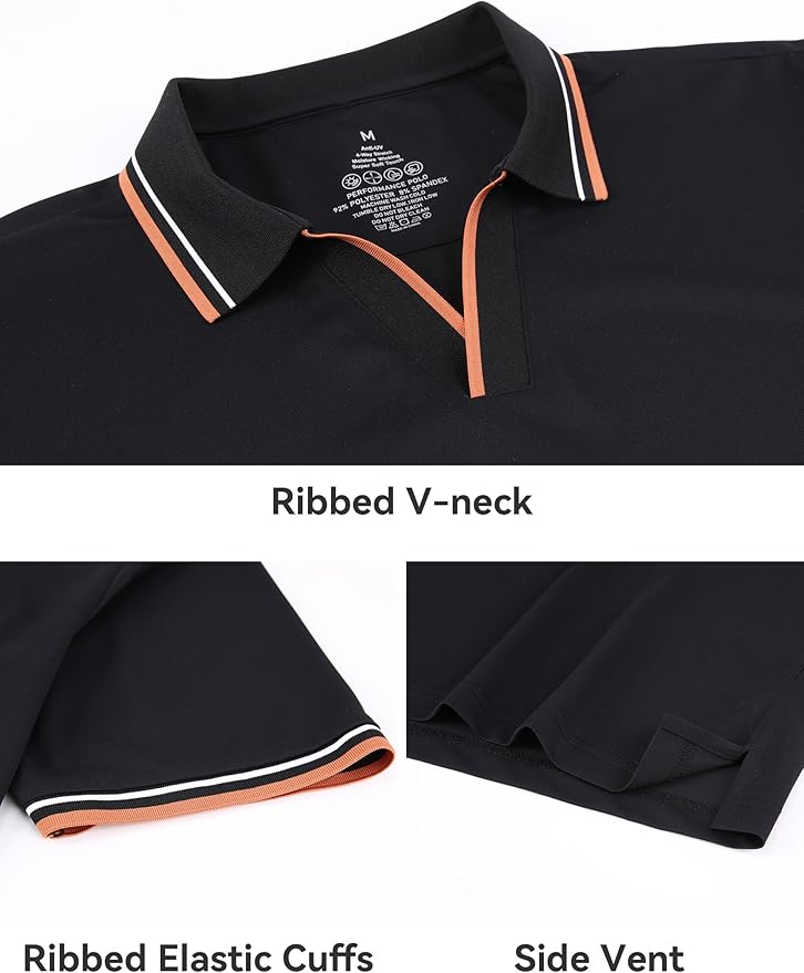 Men's Ribbed V-Neck Performance Polo Modern Casual Short Sleeve