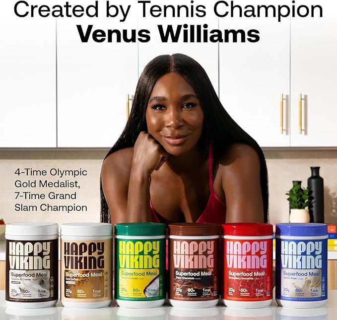 Happy Viking Strawberry Smoothie Plant Protein Powder, Created by Venus Williams, 20G Protein, Low Carb, Keto, Vegan, Gluten-Free, Non-GMO, Superfoods, Complete Meal Replacement, 8 Single Serve Packs