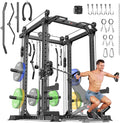 Power Cages Multi-Purpose Squat Rack with Cable Crossover System, Matching Weight Bench, Olympic Barbell Weight Set for Garage and Home Gyms