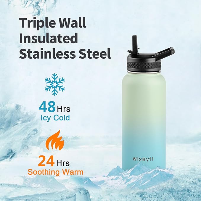 32 oz Insulated Water Bottle with Straw (Cold for 48 Hrs), Stainless Steel Triple Wall Vacuum Sports Water Jug, Leakproof Hydro Cup Flask with Paracord Handle & Straw Spout Lids & DIY Stickers