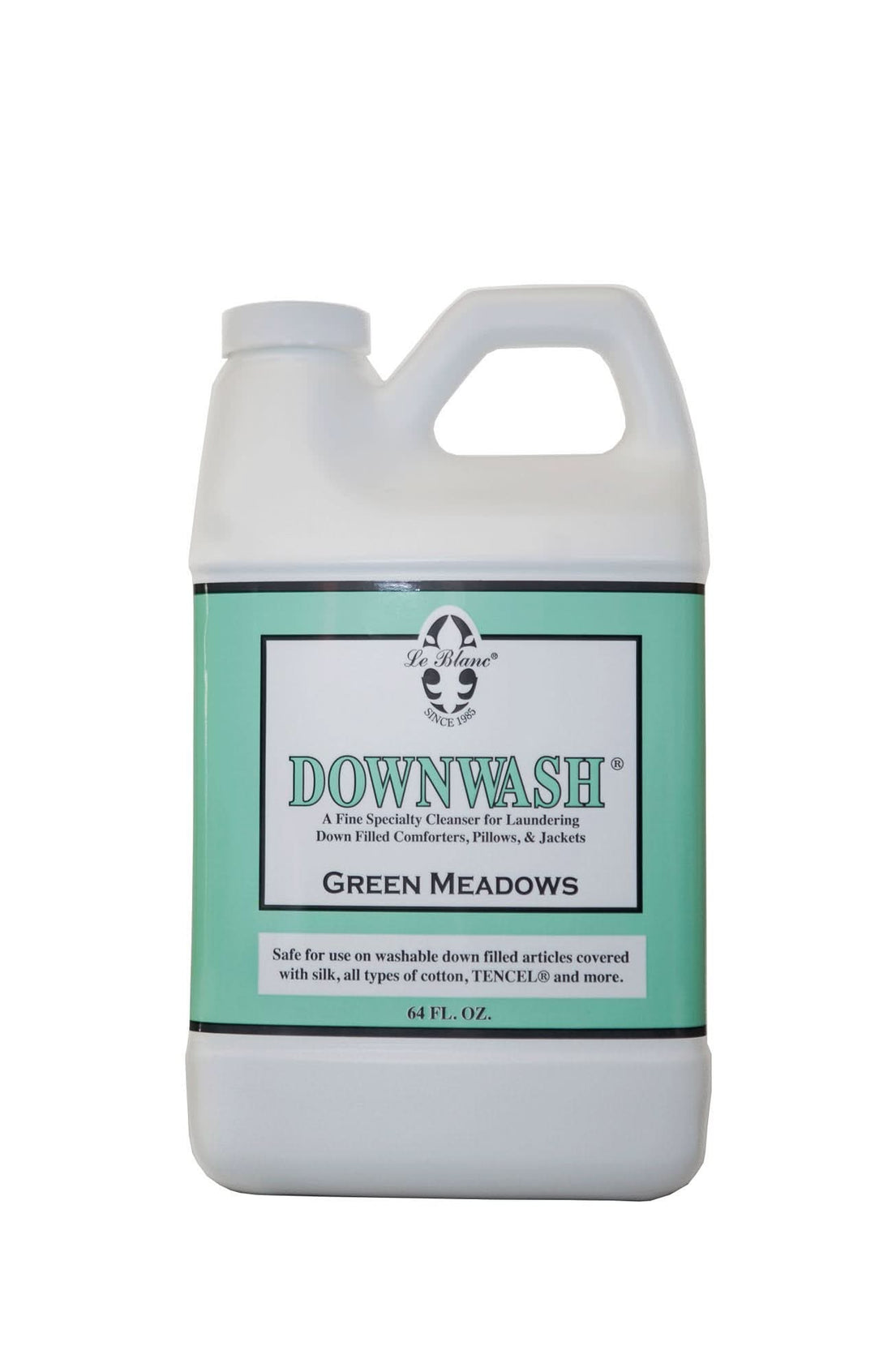 64 oz bottle of Le Blanc Green Meadows Downwash for cleaning down garments