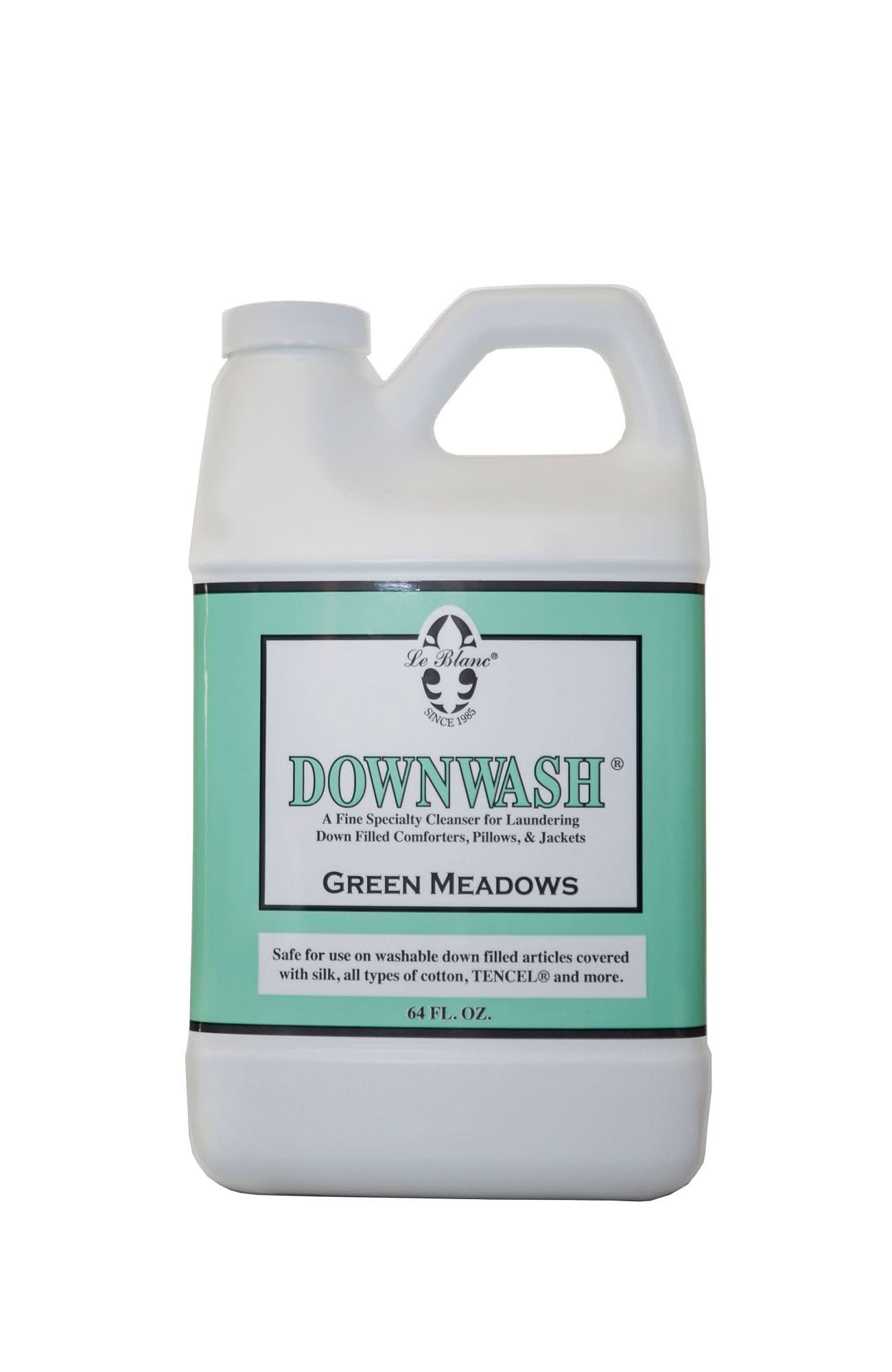 64 oz bottle of Le Blanc Green Meadows Downwash for cleaning down garments