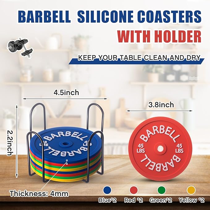 8 Pcs Barbell Bumper Plate Cool Coasters Round Silicone Coasters Weight Plate Coaster with Rack Holder for Gym Lovers Gym Accessories(Colorful)