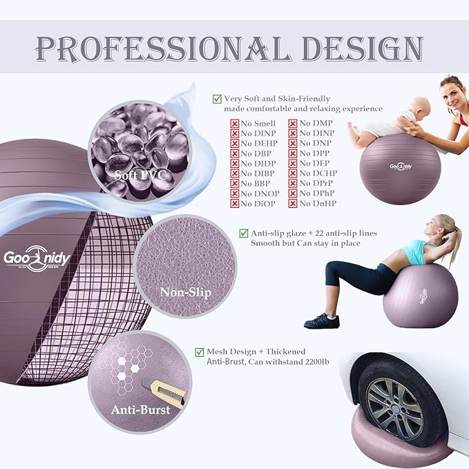 Soft Exercise ball, Anti-Burst Yoga Ball Chair Supports 2200lbs, Workout Equipment w/ Pump for Women Pregnancy, Medicine, Birthing, Physical Therapy, Stability, Excersing, Birth, Swiss, Fitness, Gym