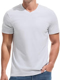 A man wearing a premium fitted modern V-neck t-shirt in a neutral color, showcasing the form-fitting cut.