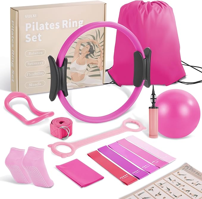 Pilates Ring Set –Home Pilates Equipment for Women Kit with a 14-inch Pilates Ring and 9.8-inch Pilates Ball,5 Resistance Bands for Beginners—Train Muscles, Flexibility & Core Strength at Home