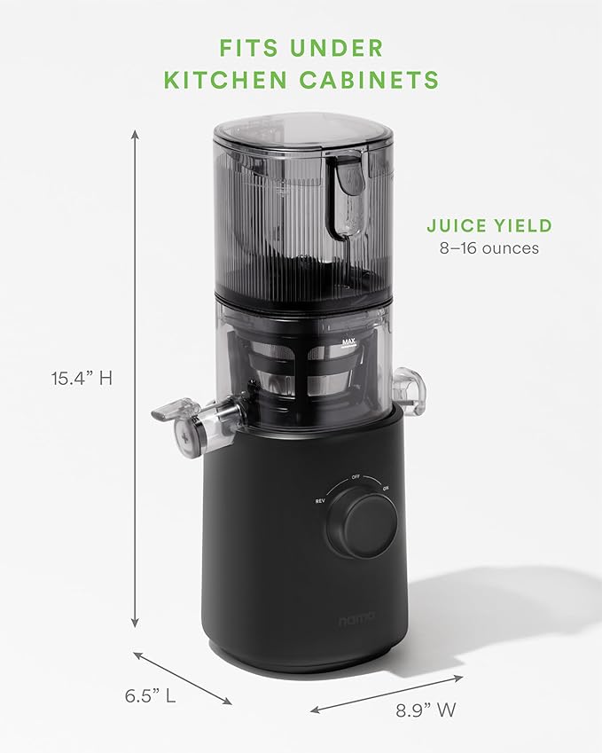 Nama J3 Compact Cold Press Juicer – Space Saving & Self Feeding for Hands-Free Operation – Lightweight, Portable Zero Waste Slow Masticating Juicer – Easy Cleanup & Assembly - Black