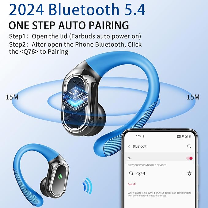 Wireless Earbuds, 2025 Bluetooth 5.4 Headphones Sport, Bluetooth Earbuds with ENC Noise Canceling Mic, 50H Stereo Wireless Headphones IP7 Waterproof with Earhooks, Dual LED Display for Workout/Running