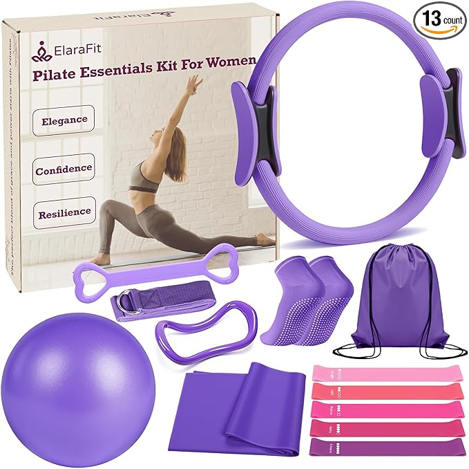 Home Pilates Kit for Women Pilates Equipment Ring and Ball Set Magic Circle Hoop with 5 Resistance Bands Compact Toning Fitness Essentials Starter Set Accessories