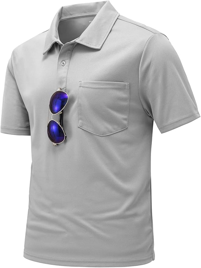 Men's short sleeve quick dry polo shirt with chest pocket and 2-button placket in a classic athletic style.