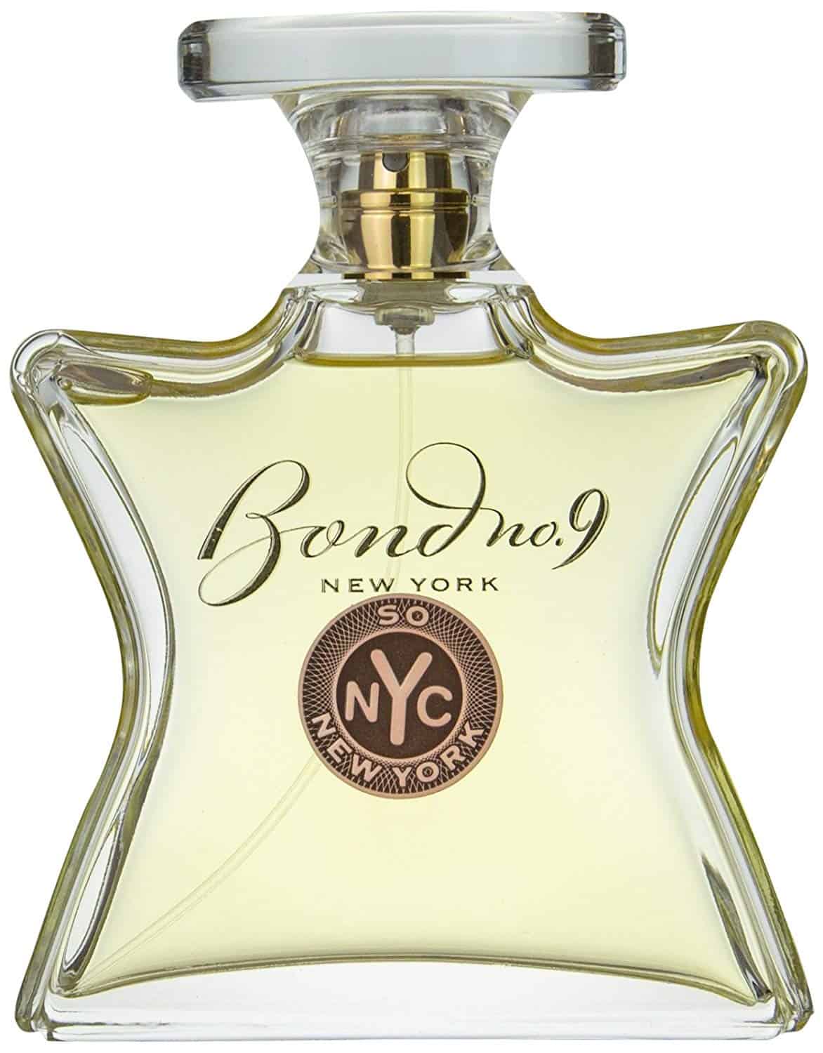 Gold-toned bottle of Bond No. 9 So New York unisex fragrance.