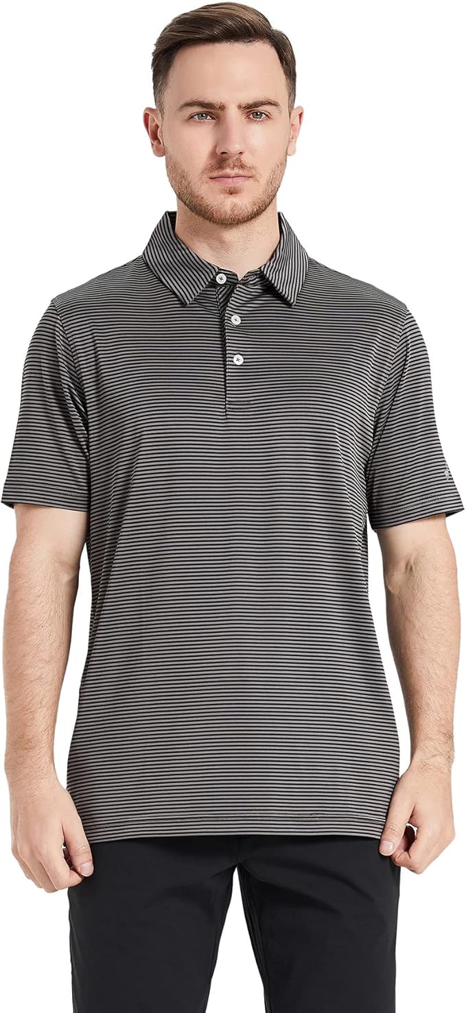 Men's Striped Performance Golf Polo Shirt Moisture Wicking Dry Fit