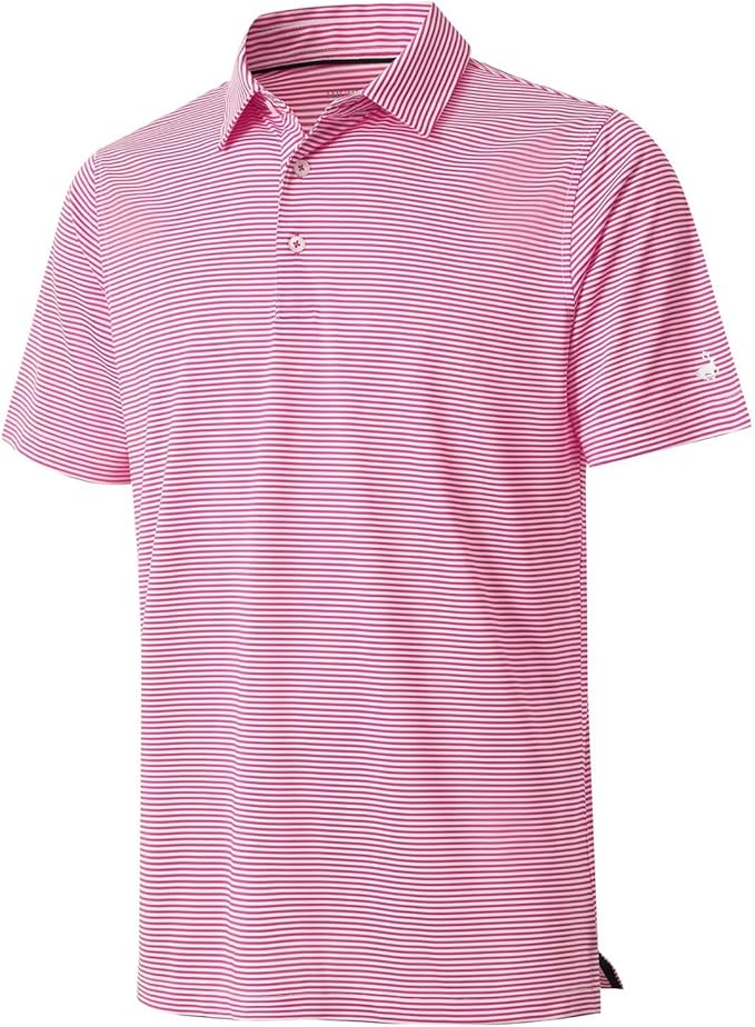 Men's short sleeve golf polo shirt featuring a two-tone striped pattern and dry-fit performance fabric.