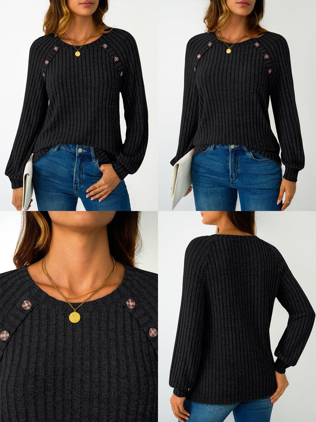 Women's Long Sleeve Tops - Fall Lightweight Sweaters with Shoulder Buttons