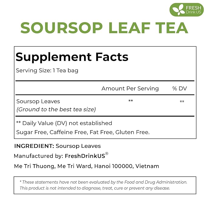 FreshDrinkUS, 15 Premium Soursop Graviola Leaf Tea Bags, 100% Natural and Pure from Soursop Leaves, Handmade, Made With Natural Materials-Corn Fiber Tea Bag, Sugar/ Caffeine/ Gluten Free, Hoja Guanabana Tea