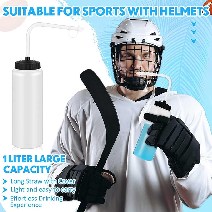 Domensi 4 Pack 1 Liter Sports Water Bottle W/long Straw Hockey Lacrosse Water Bottle with Straw Bpa Free Squeeze Plastic Use Sport Helmet in Football Baseball Gym(Translucent,Classic)