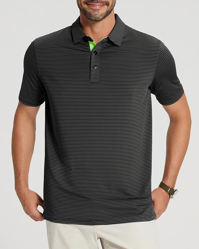 Men's Striped Performance Golf Polo - Lightweight Breathable Sport