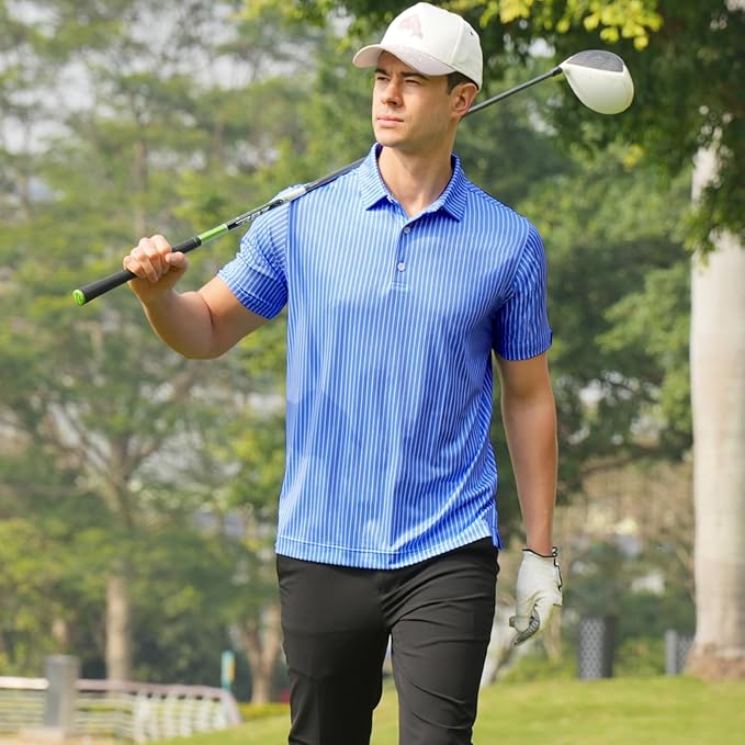 Men's Striped Dry-Fit Performance Golf Polo Shirt - Blue