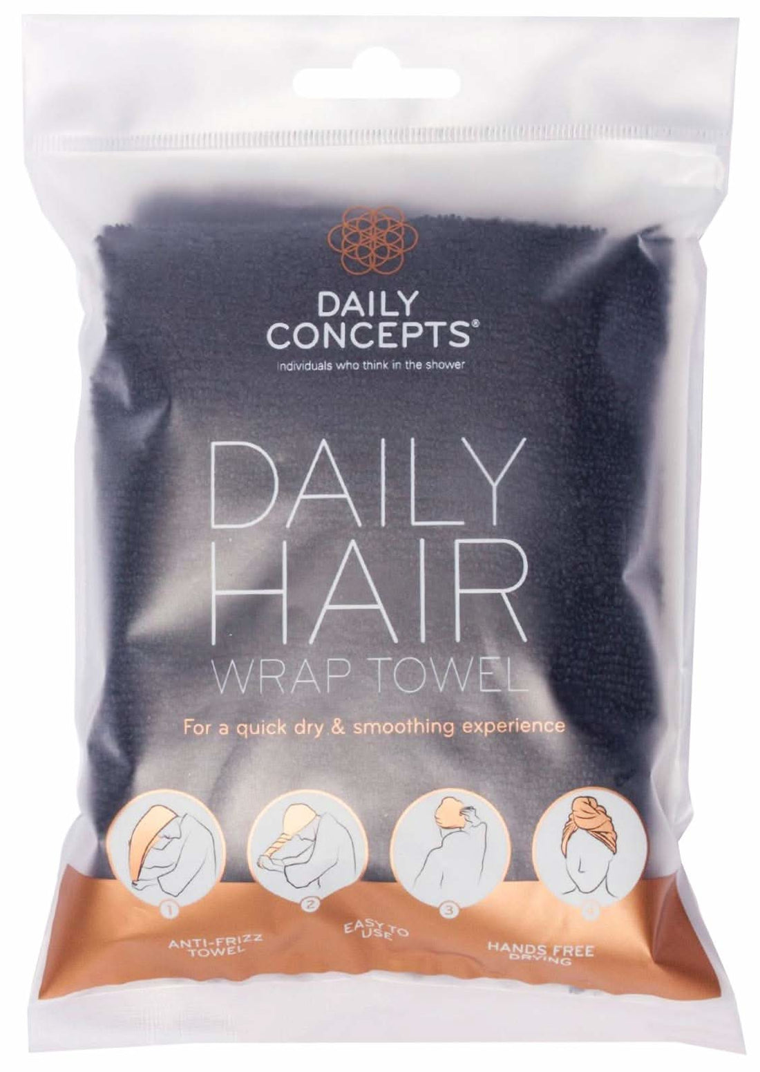 Minimalist solid black hair towel wrap designed for anti-frizz, quick-dry bathroom use.