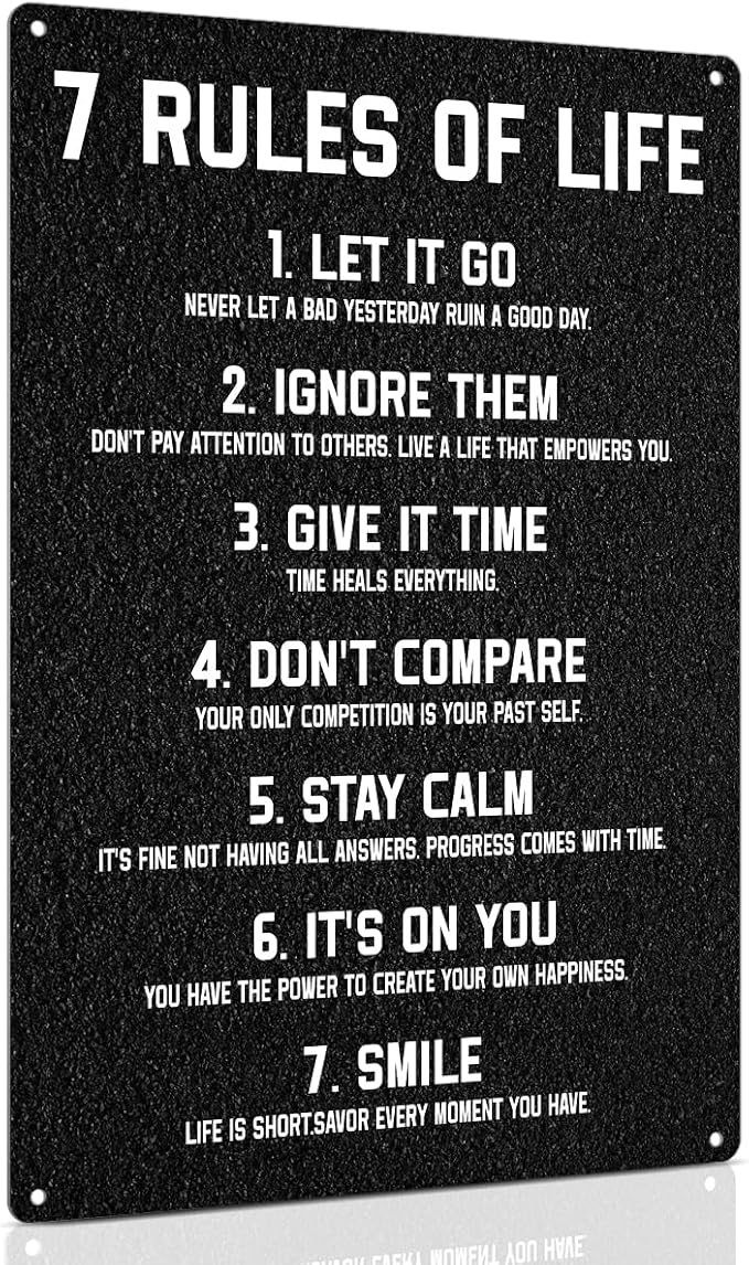 ALKB Inspirational Metal Sign for Teen Bedroom Decor - Motivational Wall Decor for Bedroom Office Girls, Boys, Teenager - 7 Rules of Life 8x12 Inch