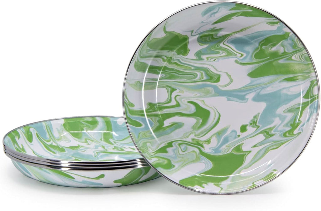 Set of four Modern Monet enamelware pasta plates with artistic colorful patterns